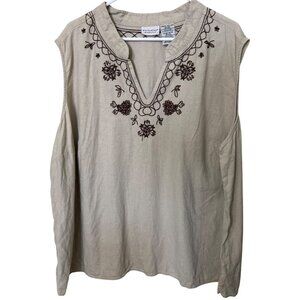 Embroidered Linen Blend  Sleeveless Blouse 26W/28W White Stag Womens Plus Boho